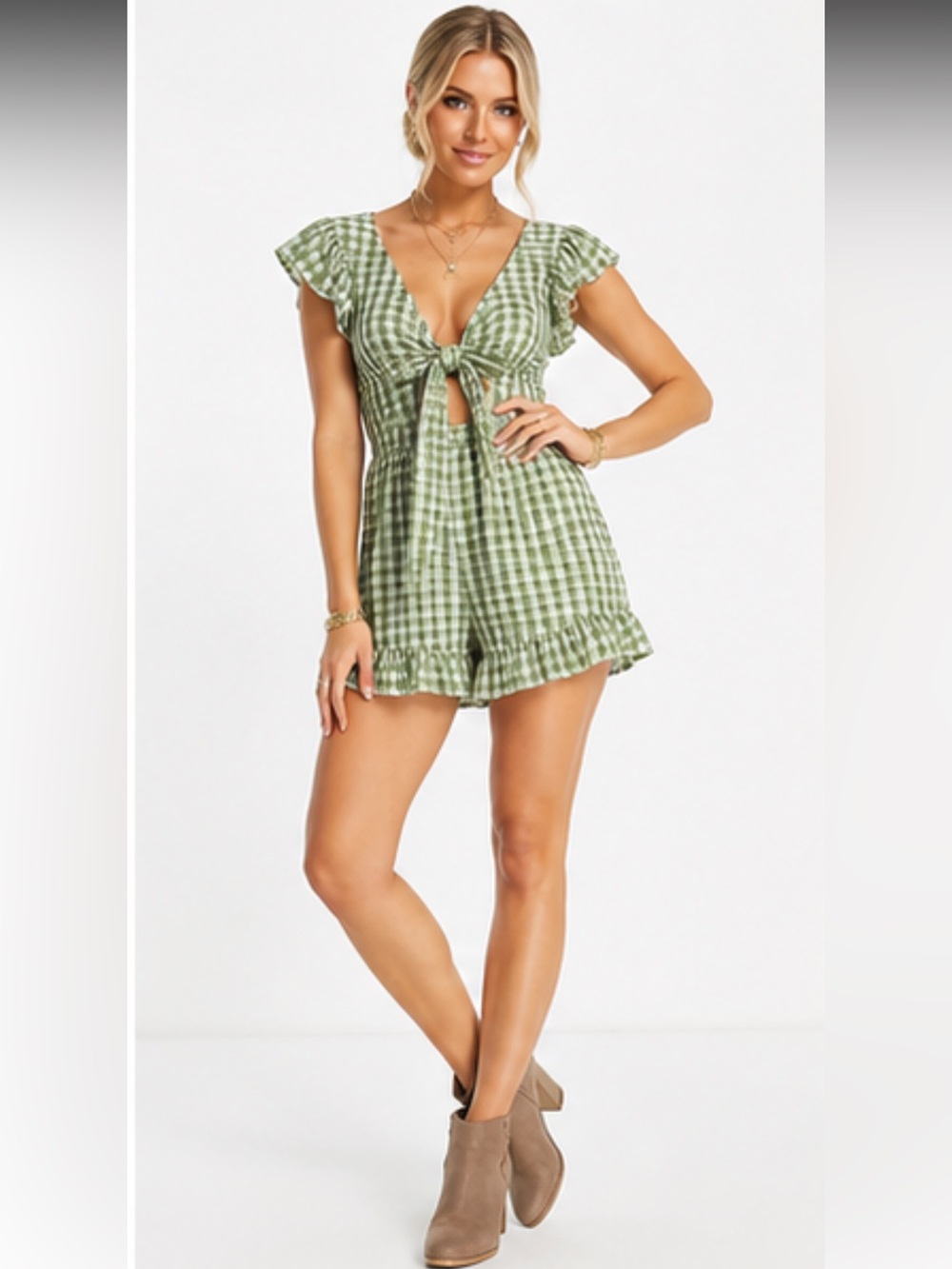 NWOT ASOS  Green & White Gingham Tie-Front Romper Size 4